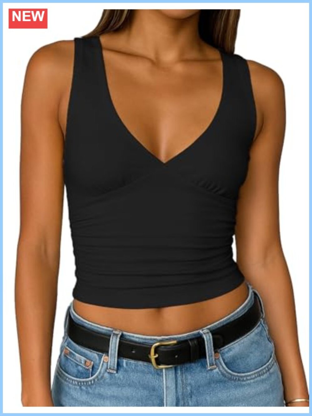 Women's Crop Tank Top Deep V Neck Sleeveless Double Lined Y2K Slim Fit Top
